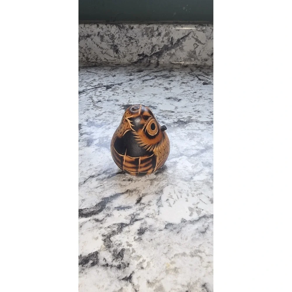 Decorative Peruvian Folk Art Gourd With Carved Owl Bird Design Hand Painted